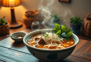 A steaming hot bowl of Pho with a rich beef broth and tender noodles, garnished with fresh herbs and bean sprouts