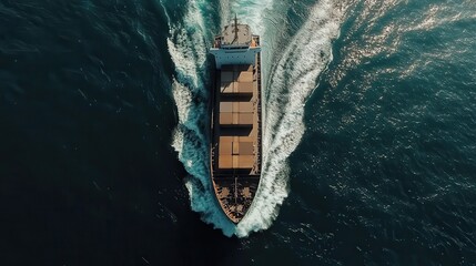 Large cargo ship navigating through open waters, creating waves during bright daylight hours