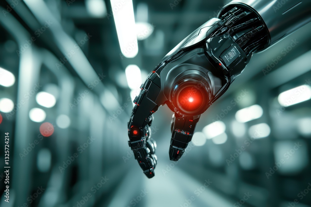 Poster futuristic automation concept with minimalist robotic hand design in industrial setting