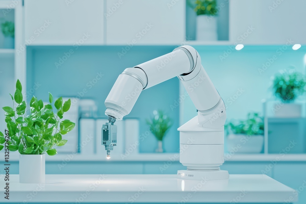 Poster minimalist automation concept with robotic arm and plant in a simplified environment