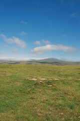 landscape with green field, mountains and clouds