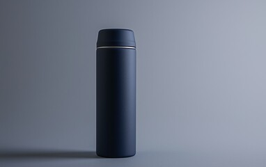 Stainless steel thermos standing upright against a minimalist gray background showcasing its sleek design and functionality