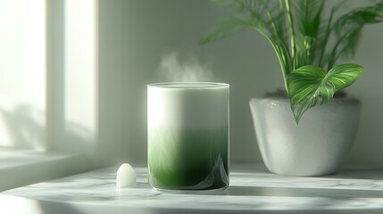 A fresh iced matcha latte with stunning color separation, deep matcha green transitioning smoothly into a milky white bottom, modern cylindrical glass, condensation forming,