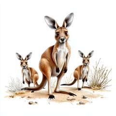 Three kangaroos stand in a sunny, dry landscape, showcasing the unique beauty of Australian wildlife in a colorful illustration.