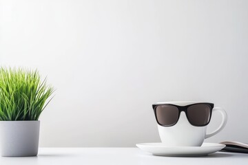 Fototapeta premium Stylish Minimal Workplace Concept Featuring Coffee Cup with Sunglasses and Green Plant
