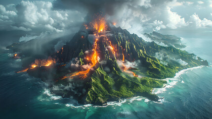 Fototapeta premium Erupting Volcano Overlooking Ocean with Lush Greenery and Dramatic Clouds in the Background