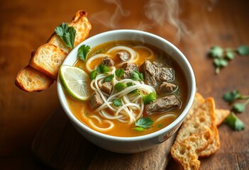 Pho bowl with steaming hot noodles, beef, and garnishes