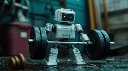 Fototapeta premium A determined little robot lifting weights in a gritty gym showcasing strength perseverance and technological fitness achievement