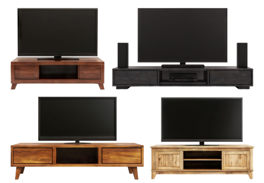Set of modern flat-screen televisions on stylish TV stands, isolated on transparent cutout background - Powered by Adobe