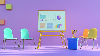 Fototapeta premium Corporate Achievement: Whiteboard, Office Chairs, and a Gold Trophy