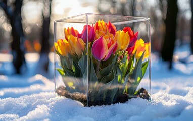Fototapeta premium Colorful tulips in a glass container contrast with snow in a winter landscape during sunset