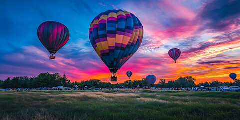 Fototapeta premium Multiple colorful hot air balloons ascend into a vibrant, dramatic sunset sky above a grassy field, ideal for inspiring advertising visuals.