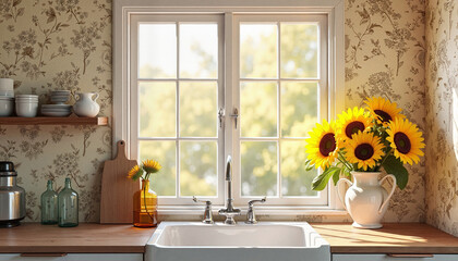Farmhouse kitchen with subtle sunflowers, brightness from noon sun enhancing rustic charm