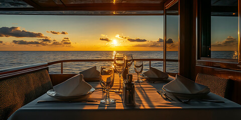 Fototapeta premium A romantic dinner table set for two aboard a cruise ship deck overlooking the ocean sunset, perfect for travel advertising.