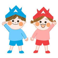 こどもの日にカブトをかぶった笑顔の男の子の女の子の全身のイラスト　親しみ温かみのあるタッチ