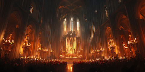 Fototapeta premium Vast, ornate interior hall with towering Gothic arches and warm golden lighting creates a dramatic backdrop for editorial content.