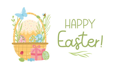 Vector flat illustration Happy Easter design with cake, basket, eggs, flowers, butterfly