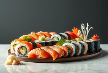 A sushi platter with colorful rolls and sashimi