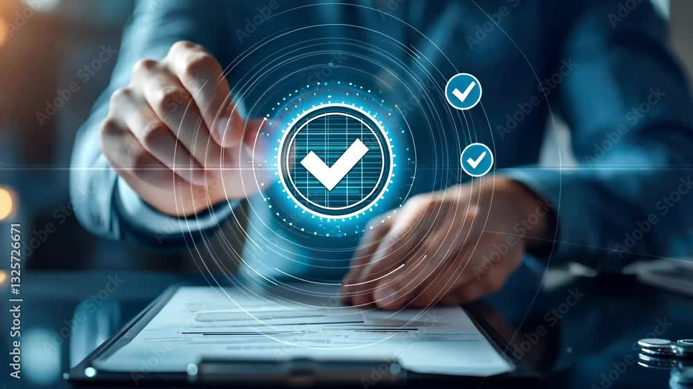 Poster digital verification process with hands interacting with virtual interface