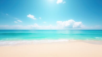 A serene beach scene with turquoise waters and a clear blue sky, perfect for a beach t-shirt design.