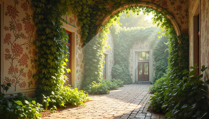 Obraz premium Nostalgic ivy lace with detailed vines, creating a serene atmosphere in a sunlit corridor