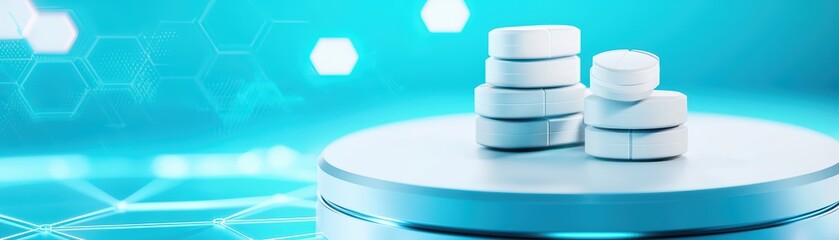 Scientific Display of Medicine Capsules on a Modern Circular Base with Abstract Background