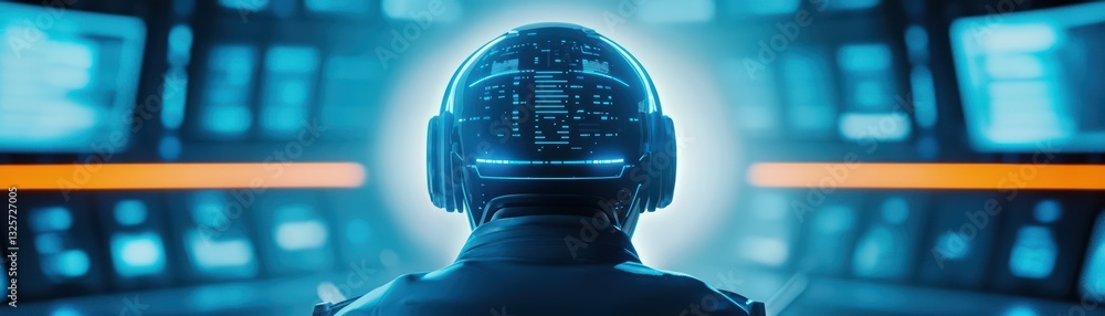 Poster futuristic tech workspace with high-tech headset and digital interface displaying data analysis