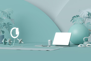 Sport fitness equipment, yoga mat, live streaming video on mobile phone, dumbbells,plant pot, laptop on pastel green blue background. Trendy 3d render for gym at home online tutorial lesson	