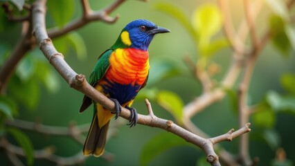 A beautiful bird with vibrant colors sits on a branch, showcasing its stunning plumage.