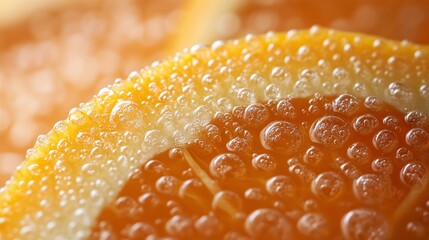 A macro image depicts a close up of a citrus fruit
