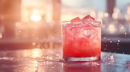 A modern aesthetic watermelon juice, served in a sleek frosted glass, deep red tones blending with melting ice, geometric ice cube floating gracefully, condensation forming,