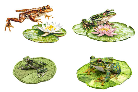 Frogs on lily pads in tranquil pond nature photography serene environment close-up detail