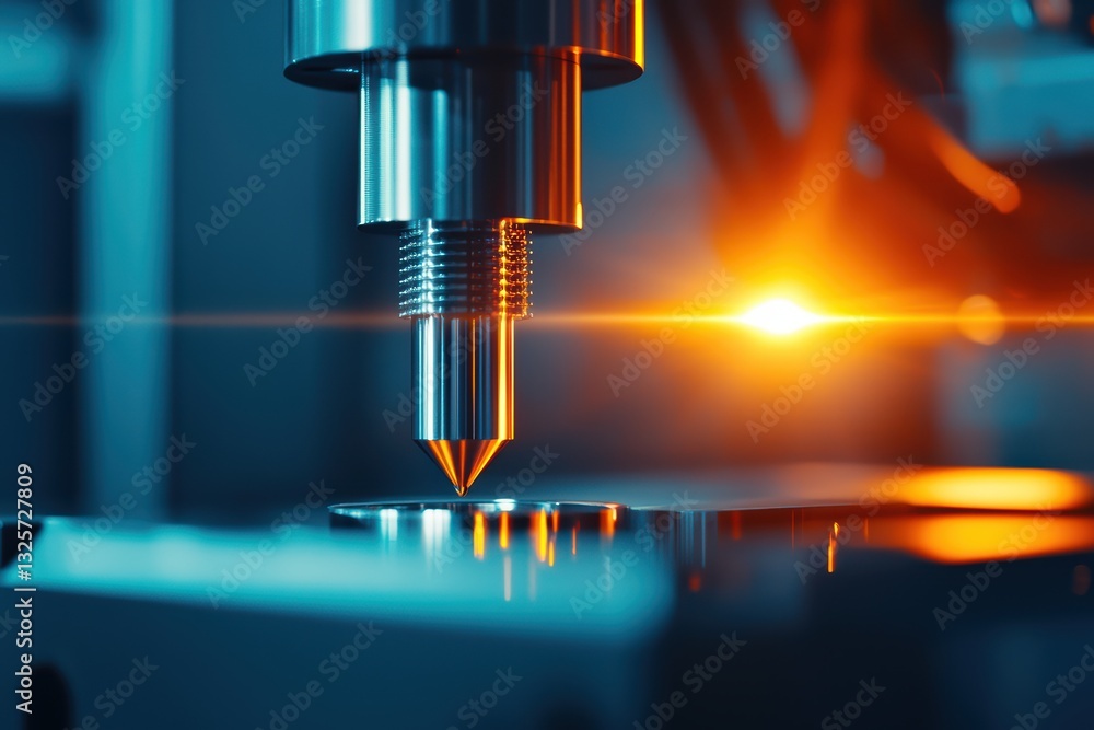 Poster close-up view of precision machinery and skilled worker creating metal components in workshop