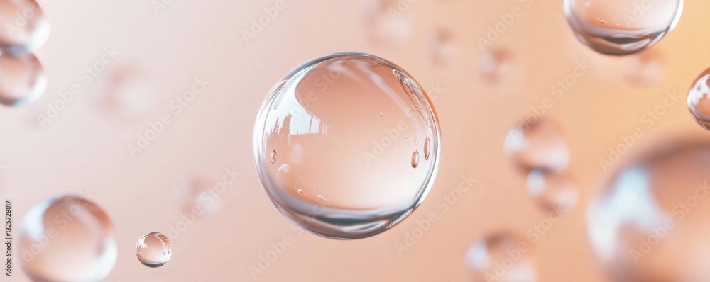 Poster abstract image of transparent spheres floating in a peach-colored background. the spheres are differ