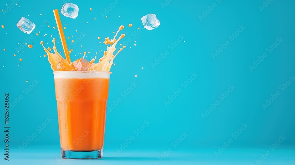 Poster refreshing thai drink with exploding citrus splash and ice on bright solid background