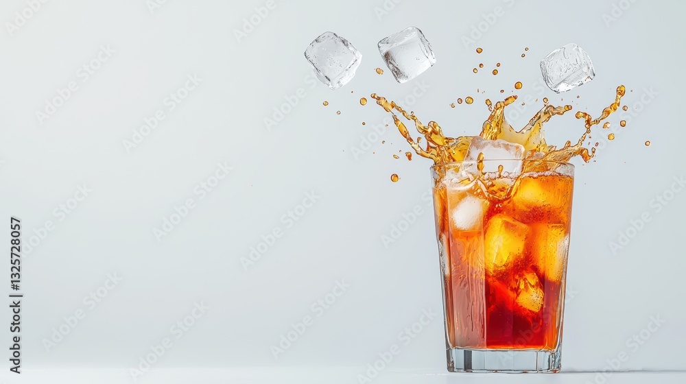 Poster refreshing thai drink with ice cubes and splashing liquid on a solid background
