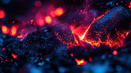 Naklejka premium Glowing Lava Flowing Over Dark Volcanic Rocks at Night