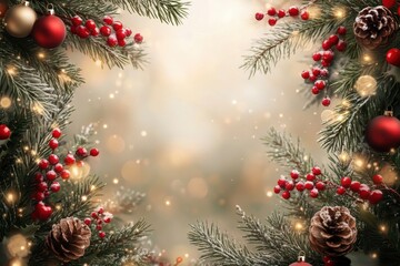 Fototapeta premium Festive Christmas border with pine, berries, and ornaments on a bokeh background. Ideal for holiday greeting cards, websites, and festive designs.