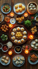 Table full of colorful food featuring an elegant chinese feast with dim sum and a variety of dishes to enjoy
