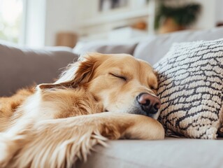 Peaceful Golden Retriever Resting on a Couch with a Cozy Pillow