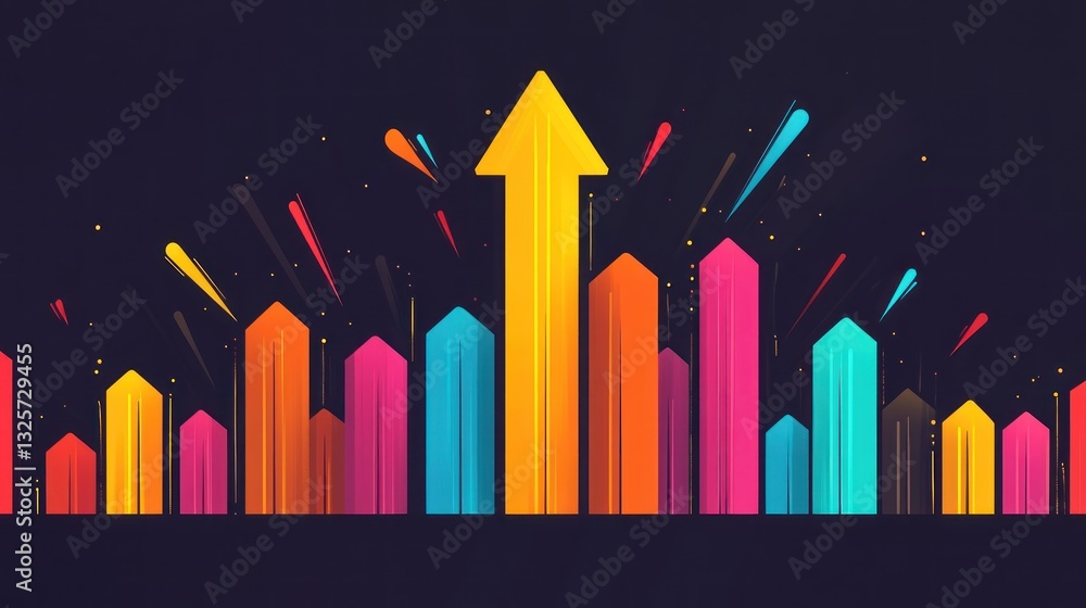 Poster colorful arrows ascending with a large central arrow pointing upwards