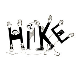 Word "Hike" is drawn. The letters are drawn in the image of guys playing volleyball. The vector illustration is isolated in black on a white background.