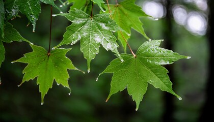Close-up of vibrant green maple leaves with raindrops, creating a fresh and serene atmosphere in a lush forest. Nature&rsquo;s beauty captured with soft bokeh and moisture glistening on the leaf edges.