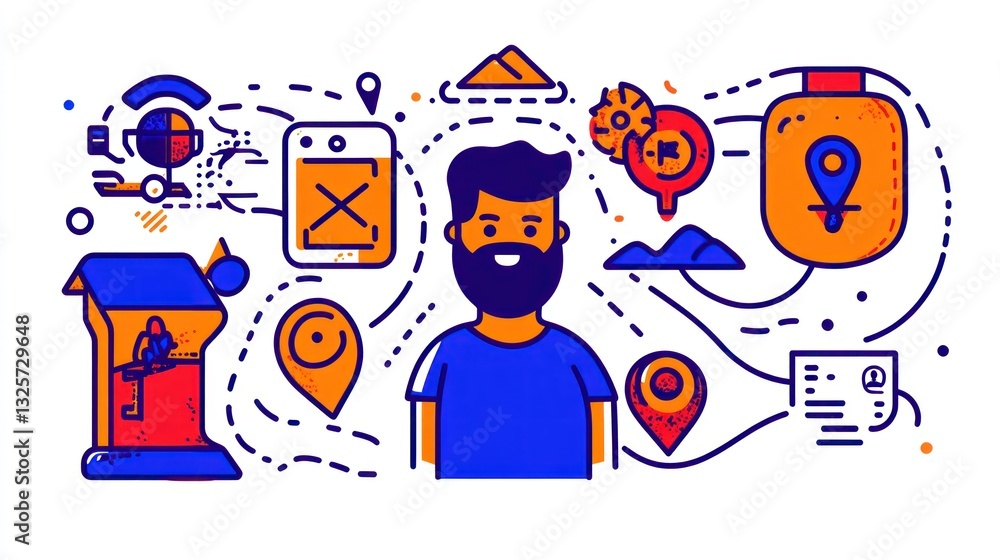 Aufkleber bearded man surrounded by location and data based icons