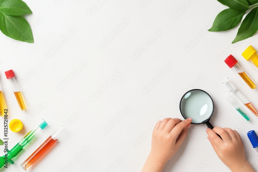 Poster overhead view of hands examining laboratory instruments and test tubes on a white surface