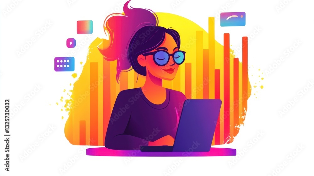 Aufkleber smiling woman working on a laptop with data visualization background