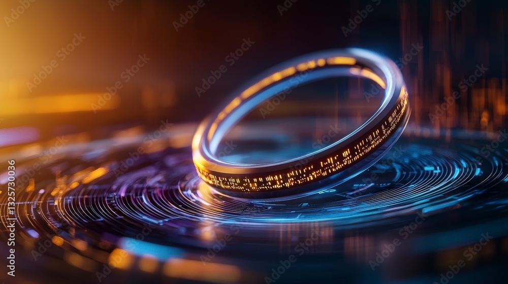 Poster futuristic glowing ring on abstract circular display with neon lights and digital patterns in a sci-