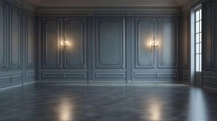 Elegant empty room with gray wainscoting and wall sconces. Perfect backdrop for product displays or fashion photography.