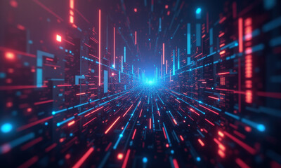 Naklejka premium Neon Digital Cityscape, Futuristic Data Stream - Metaverse