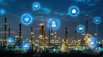 Obraz premium Smart factory IoT network at night, digital transformation, industrial automation